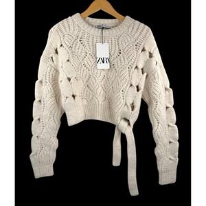 Zara‎ Cable Knit tie Sweater Cream Open Knit Cropped boho chic Y2K sz S